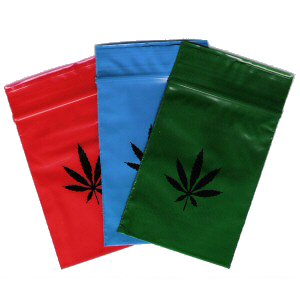 Blue, Green, Red Zip Bag with Black Leaf 60 x 80mm