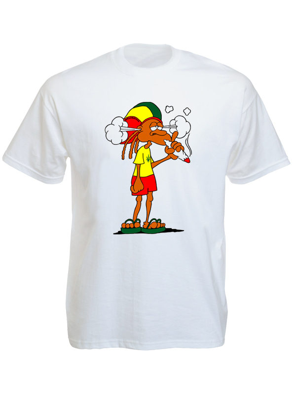 Rastaman Smoking Ganja White Tee-Shirt