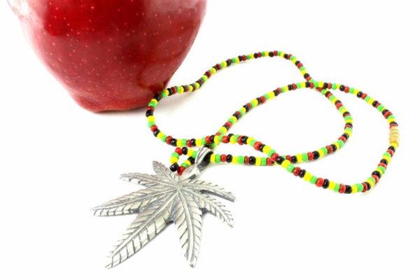 Beads Necklace Metal Cannabis Leaf Pendant Rasta Jewellery