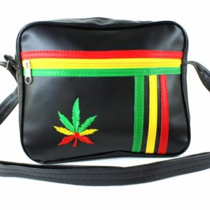 Black Vinyl Bag Medium Size Shoulder Bag Rasta Colors Cannabis Leaf Fake Leather