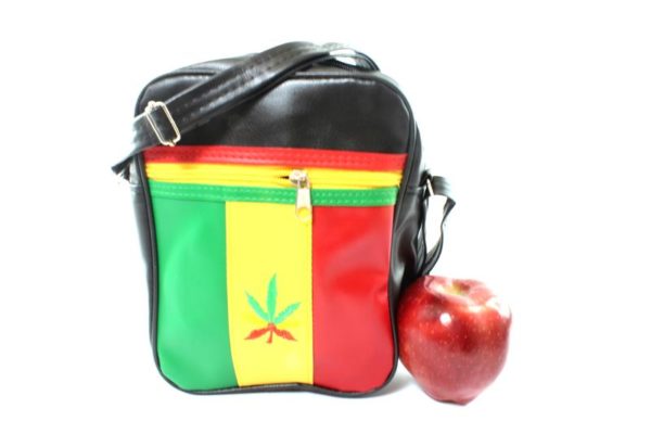 Black Vinyl Shoulder Bag Lacoste Style Rasta Colors Cannabis Leaf Faux Leather