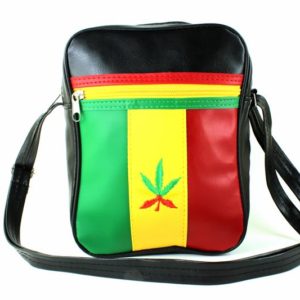 Black Vinyl Shoulder Bag Lacoste Style Rasta Colors Cannabis Leaf Faux Leather
