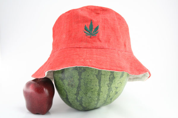 Bucket Hat Beach Hat with Cannabis Leaf on Front Red Color Hemp Style