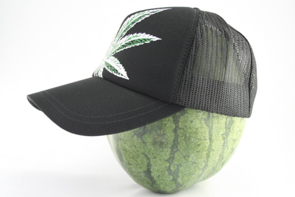 Black Cap With Giant Green and White Marijuana Leaf in Front, Hot Cap for Rasta