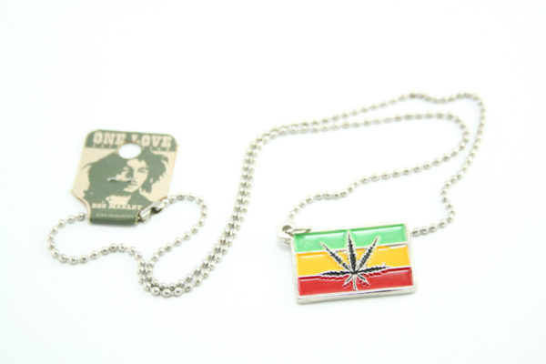 Necklace Cannabis Leaf on Green Yellow Red Striped Frame
