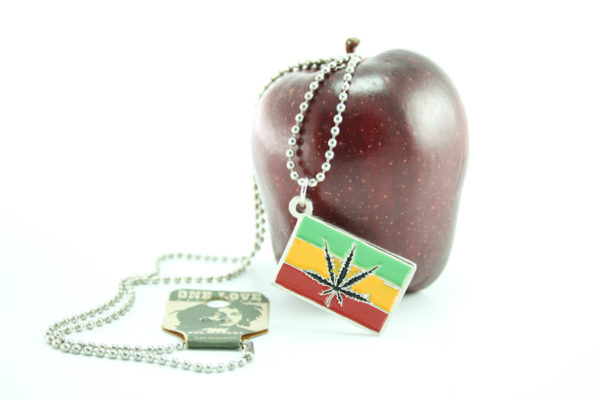 Necklace Cannabis Leaf on Green Yellow Red Striped Frame