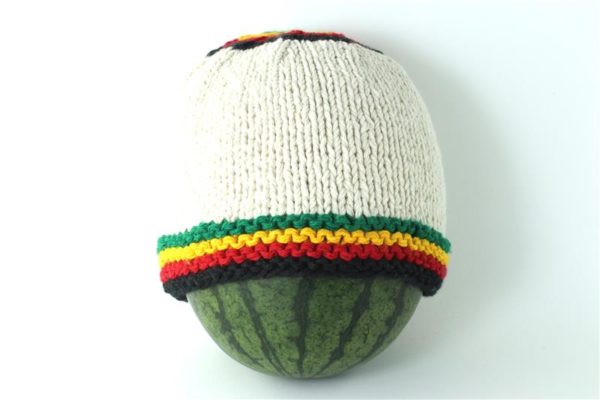 Etsy Beanie Knit Hat Rasta White with Black Green Yellow Red Stripes Top