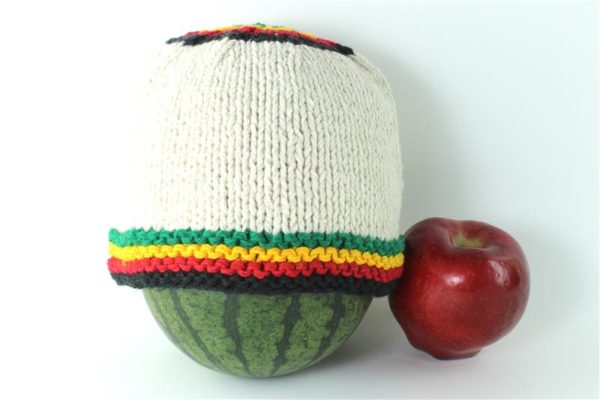 Etsy Beanie Knit Hat Rasta White with Black Green Yellow Red Stripes Top