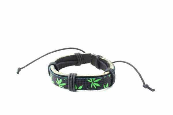 Black Leather Wristband Green Cannabis Leaf Cuff