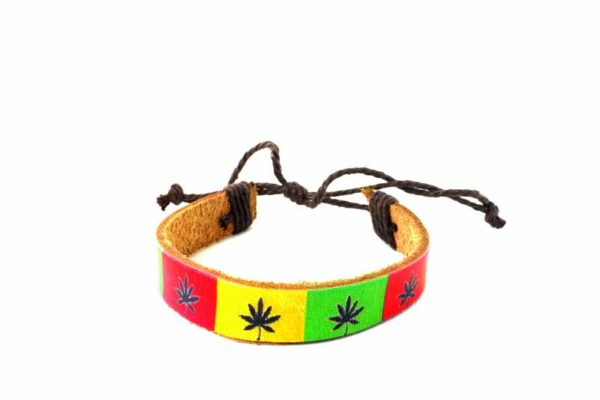 Leather Wristband Black Marijuana Leaves on Rasta Colors Squares