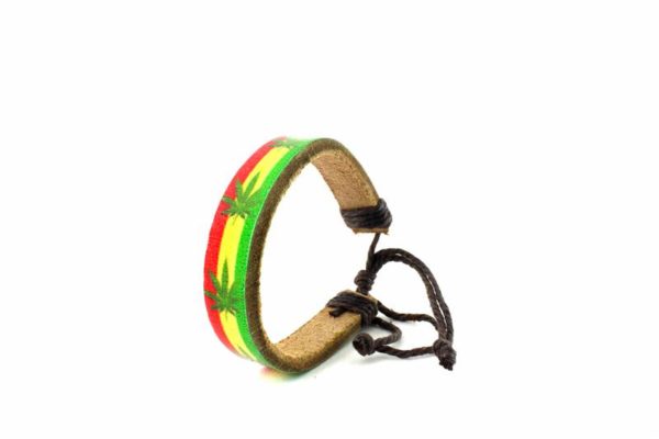 Leather Wristband Green Cannabis Leaves on Rasta Colors Stripes