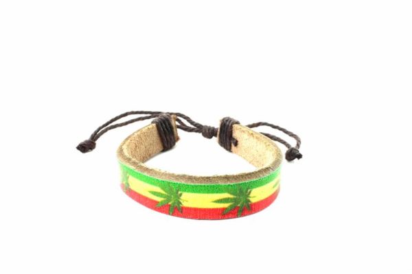 Leather Wristband Green Cannabis Leaves on Rasta Colors Stripes