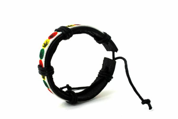 Leather Wristband Small Cannabis Leaves on Rasta Colors Dots