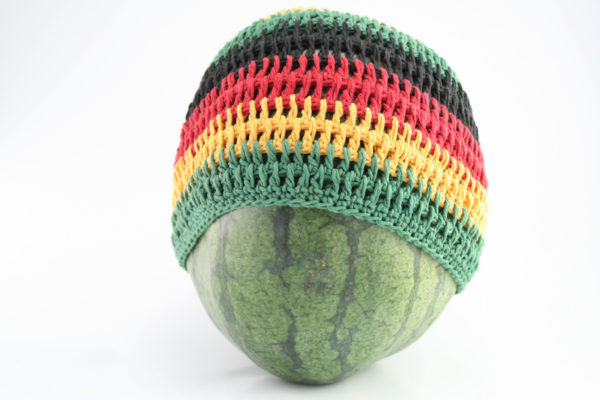Green Yellow Red Black Beanie with Large Stripes 10x8 inches