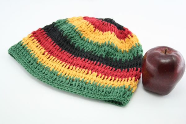 Green Yellow Red Black Beanie with Large Stripes 10x8 inches