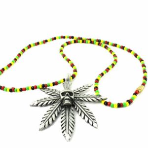 Necklace Skull Cannabis Leaf Green Yellow Red Black Beads