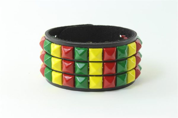 Rasta Bracelet Green Yellow Red Leather and Metal Wristband