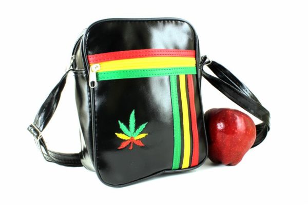 Rasta Lacoste Shoulder Bag Black Vinyl Cannabis Leaf Rasta Colors Stripes