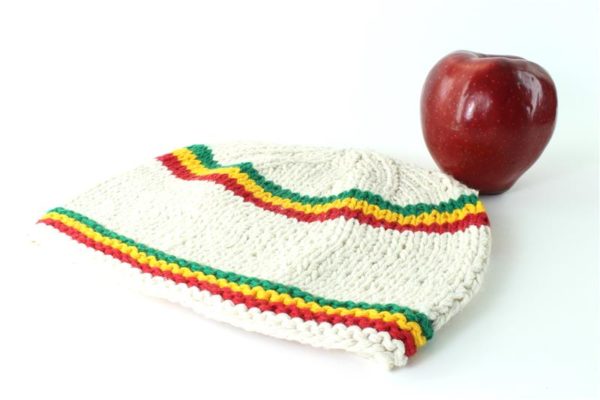 Short Beanie Rasta Knit White Beannie Green Yellow Red Stripes Middle and Bottom