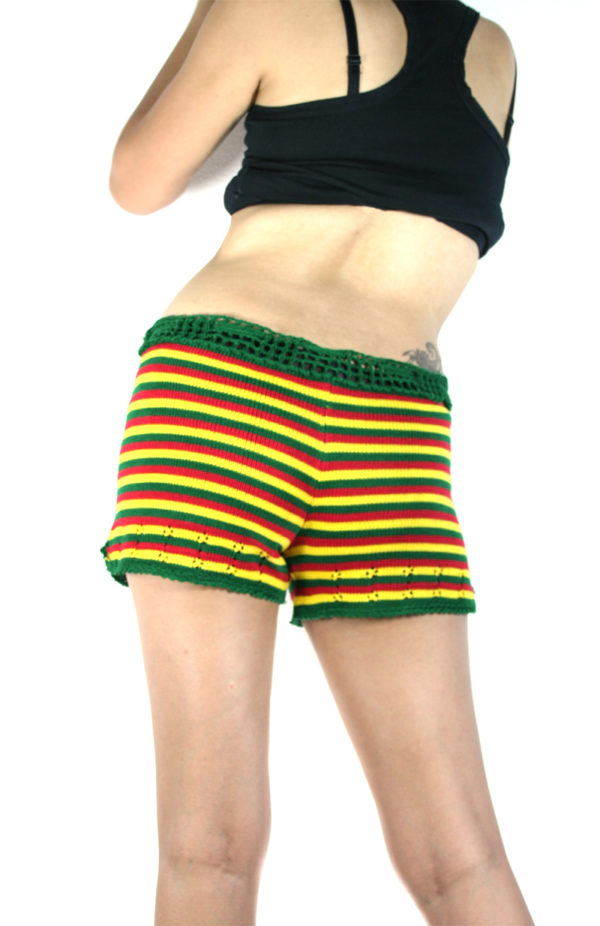 Shorts Hand Knitted Rasta Colors Stripes Back View