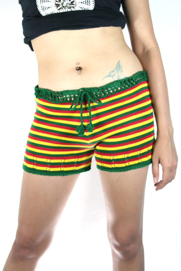 Shorts Hand Knitted Rasta Colors Stripes Front View
