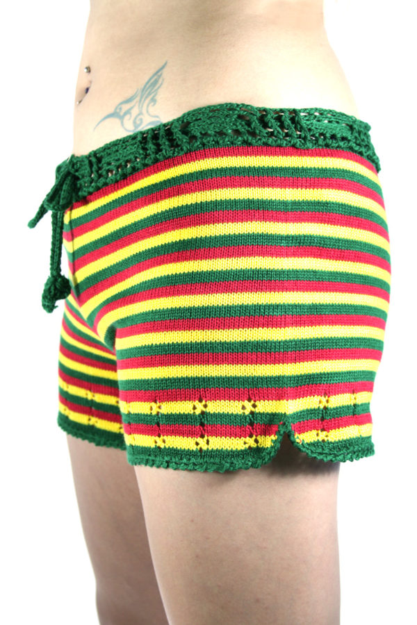 Shorts Hand Knitted Rasta Colors Stripes Side View