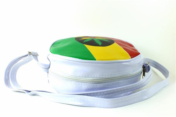 White Vinyl Bag Circle Shape Rasta Colors Cannabis Leaf Faux Leather Bag