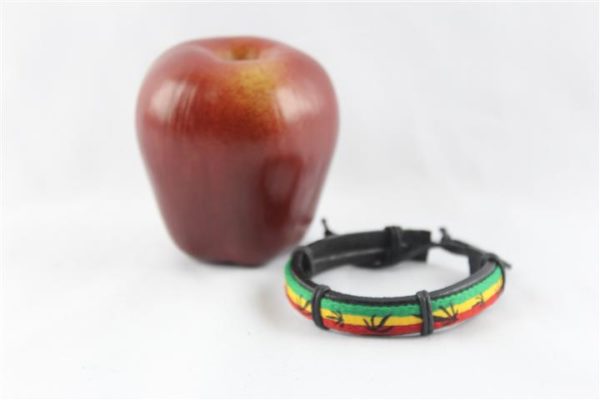 Leather Wristband Green Yellow Red Colors with Cannabis Leaf